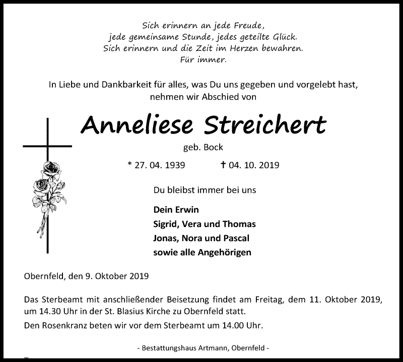 Traueranzeige für Anneliese Streichert vom 09.10.2019 aus Eichsfelder Tageblatt