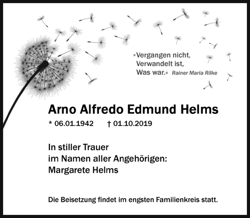  Traueranzeige für Arno Alfredo Edmund Helms vom 19.10.2019 aus Ostsee-Zeitung GmbH