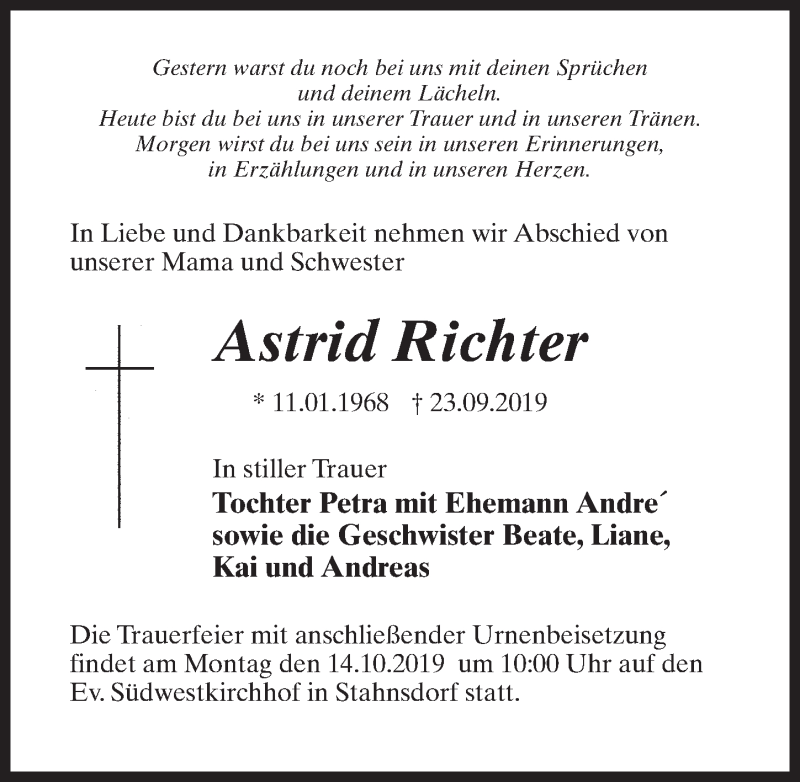  Traueranzeige für Astrid Richter vom 05.10.2019 aus Märkischen Allgemeine Zeitung