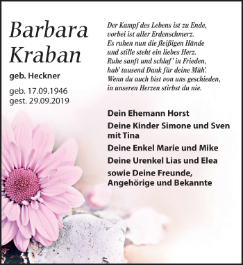 Traueranzeige von Barbara Kraban von Leipziger Volkszeitung