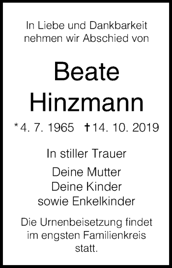 Traueranzeige von Beate Hinzmann von Ostsee-Zeitung GmbH