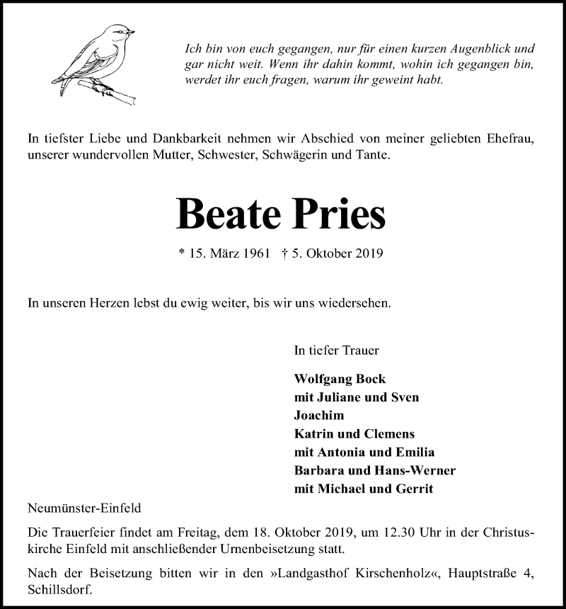  Traueranzeige für Beate Pries vom 12.10.2019 aus Kieler Nachrichten