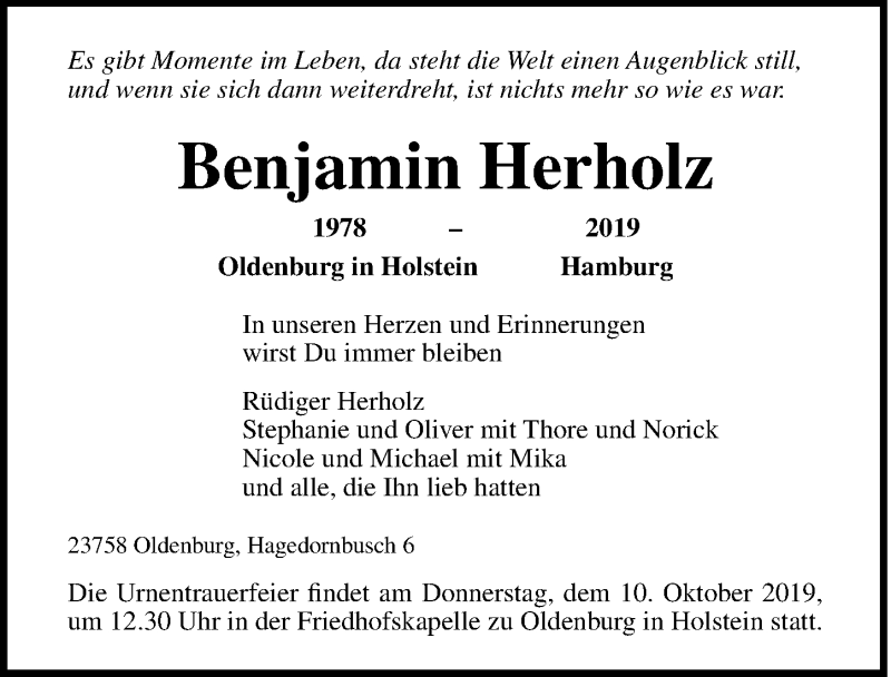  Traueranzeige für Benjamin Herholz vom 08.10.2019 aus Lübecker Nachrichten
