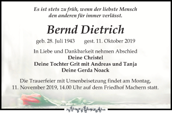 Traueranzeige von Bernd Dietrich von Leipziger Volkszeitung