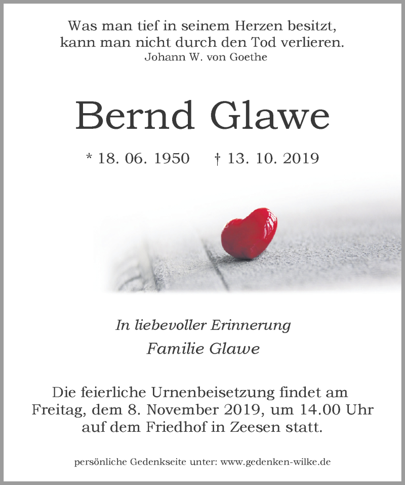 Traueranzeige für Bernd Glawe vom 26.10.2019 aus Märkischen Allgemeine Zeitung