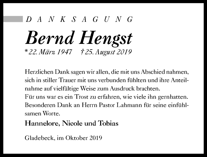  Traueranzeige für Bernd Hengst vom 12.10.2019 aus Göttinger Tageblatt