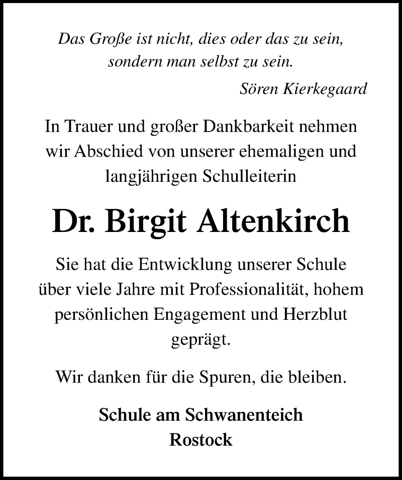  Traueranzeige für Birgit Altenkirch vom 19.10.2019 aus Ostsee-Zeitung GmbH