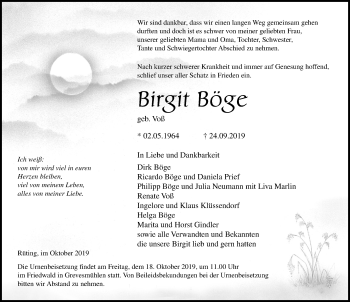 Traueranzeige von Birgit Böge von Ostsee-Zeitung GmbH