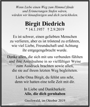 Traueranzeige von Birgit Diedrich von Ostsee-Zeitung GmbH