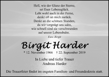 Traueranzeige von Birgit Harder von Ostsee-Zeitung GmbH