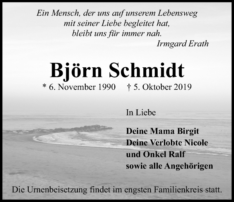 Traueranzeige für Björn Schmidt vom 12.10.2019 aus Kieler Nachrichten