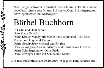 Traueranzeige von Bärbel Buchhorn von Ostsee-Zeitung GmbH