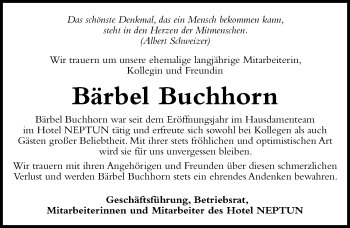 Traueranzeige von Bärbel Buchhorn von Ostsee-Zeitung GmbH
