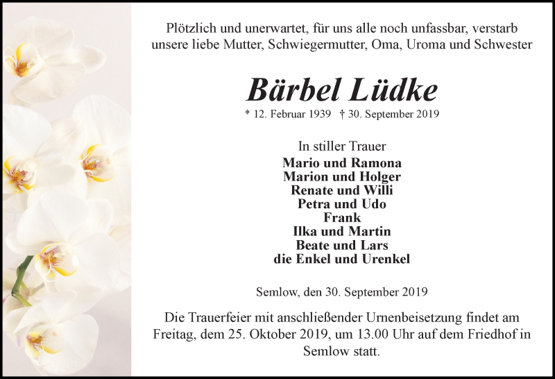  Traueranzeige für Bärbel Lüdke vom 05.10.2019 aus Ostsee-Zeitung GmbH