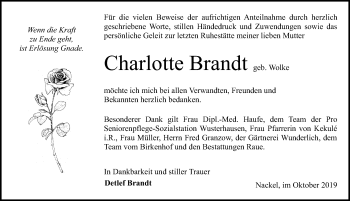 Traueranzeige von Charlotte Brandt von Märkischen Allgemeine Zeitung