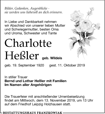 Traueranzeige von Charlotte Heßler von Leipziger Volkszeitung