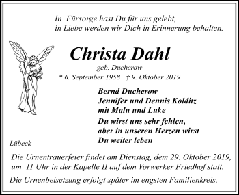 Traueranzeige von Christa Dahl von Lübecker Nachrichten