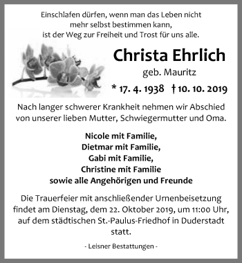 Traueranzeige von Christa Ehrlich von Eichsfelder Tageblatt