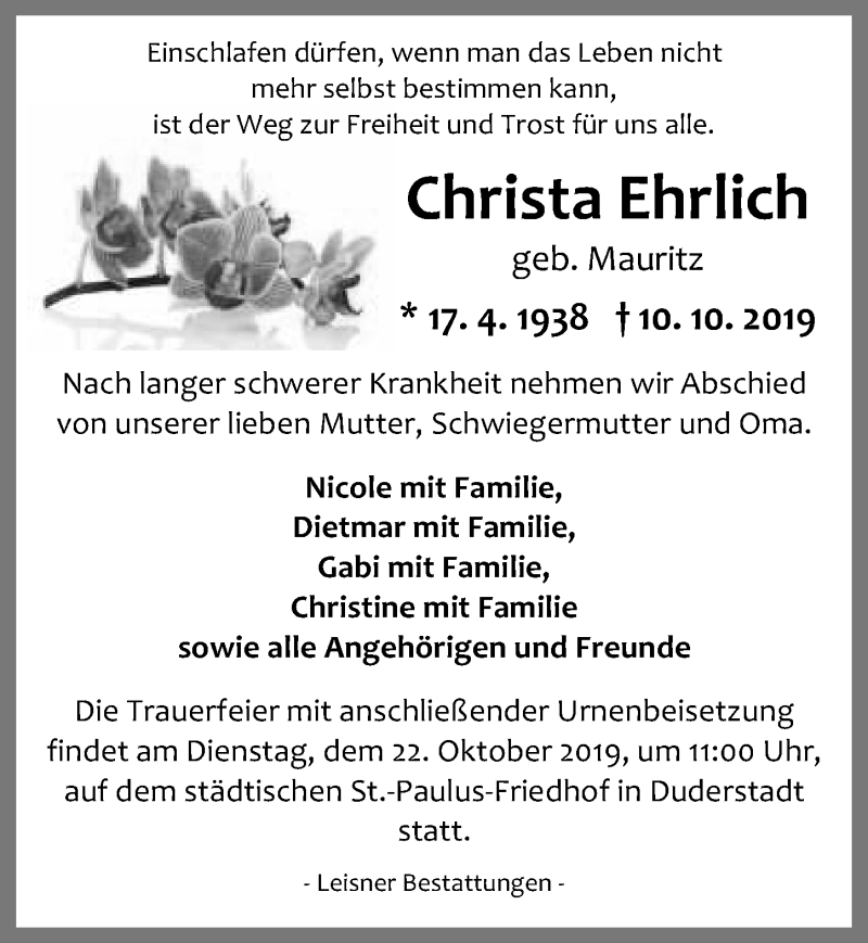  Traueranzeige für Christa Ehrlich vom 19.10.2019 aus Eichsfelder Tageblatt