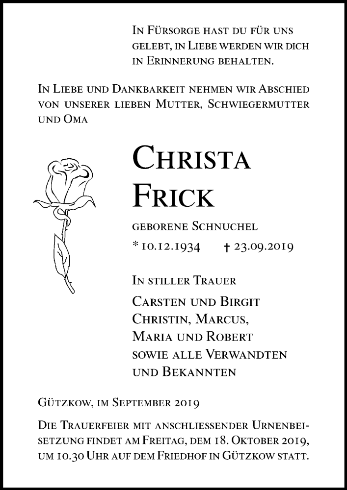  Traueranzeige für Christa Frick vom 04.10.2019 aus Ostsee-Zeitung GmbH