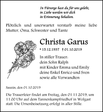 Traueranzeige von Christa Garus von Ostsee-Zeitung GmbH