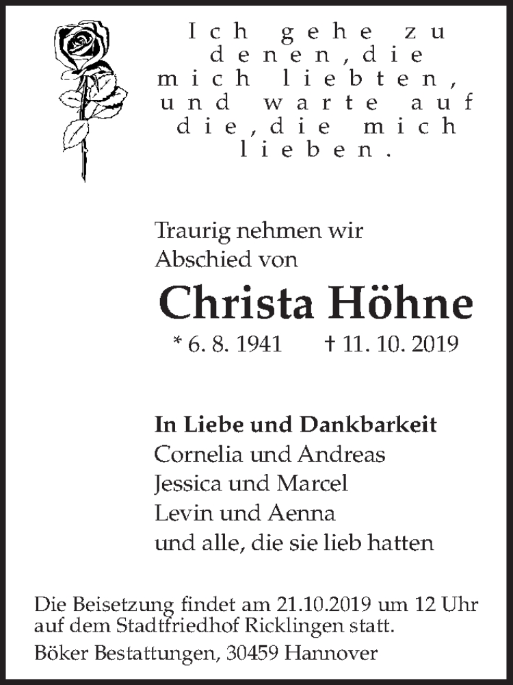  Traueranzeige für Christa Höhne vom 19.10.2019 aus Hannoversche Allgemeine Zeitung/Neue Presse