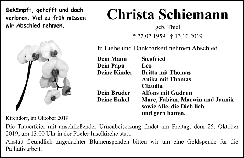  Traueranzeige für Christa Schiemann vom 19.10.2019 aus Ostsee-Zeitung GmbH