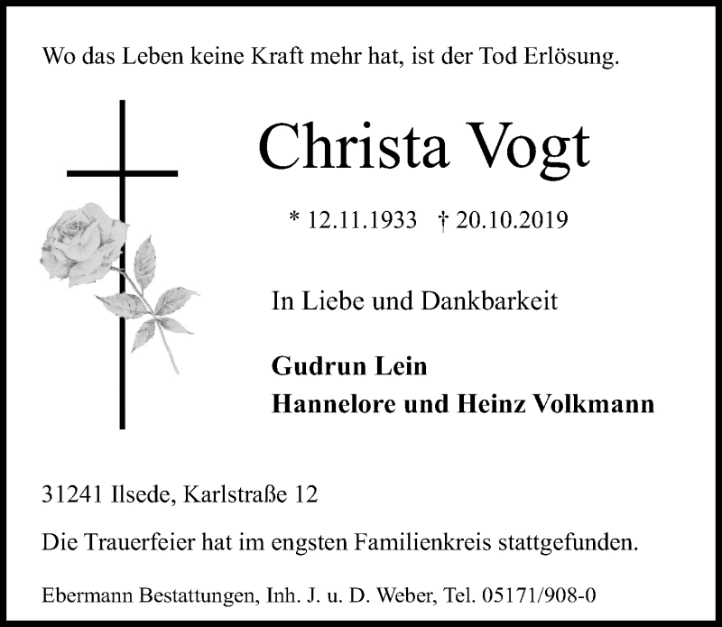  Traueranzeige für Christa Vogt vom 29.10.2019 aus Peiner Allgemeine Zeitung