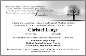 Traueranzeige von Christel Lange von Märkischen Allgemeine Zeitung