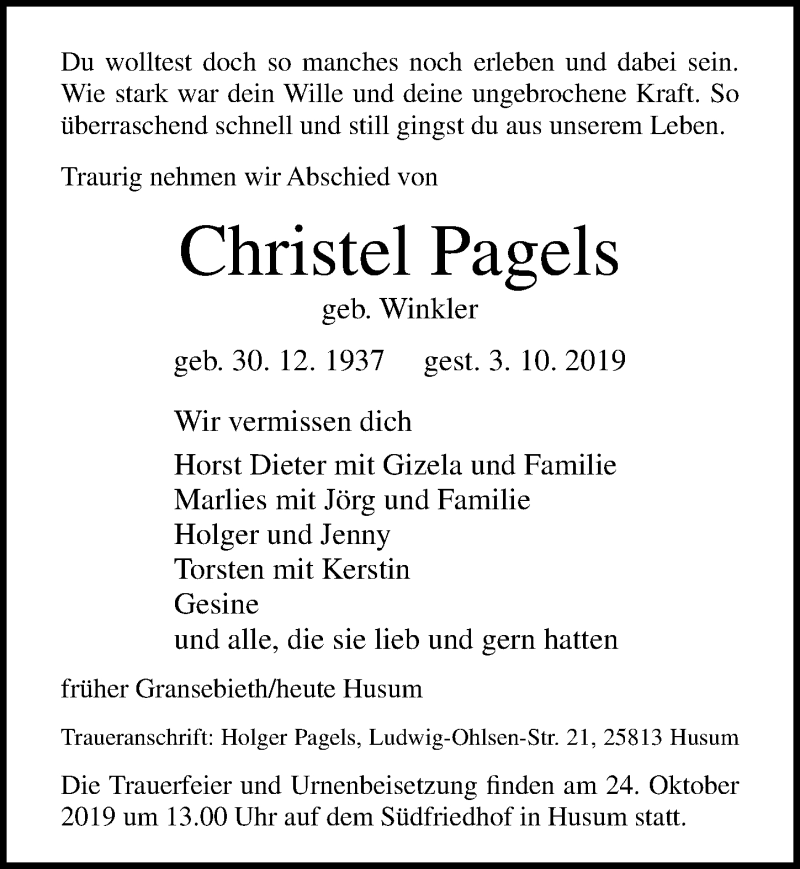  Traueranzeige für Christel Pagels vom 19.10.2019 aus Ostsee-Zeitung GmbH