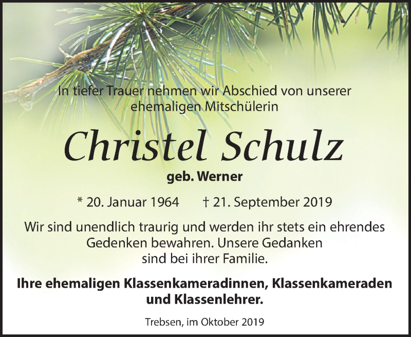  Traueranzeige für Christel Schulz vom 05.10.2019 aus Leipziger Volkszeitung