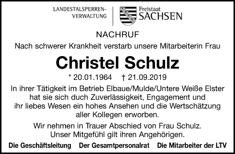  Traueranzeige für Christel Schulz vom 07.10.2019 aus Torgauer Zeitung