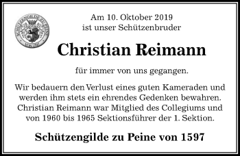 Traueranzeige von Christian Reimann von Peiner Allgemeine Zeitung