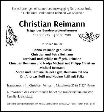 Traueranzeige von Christian Reimann von Peiner Allgemeine Zeitung