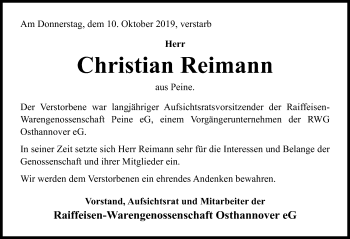 Traueranzeige von Christian Reimann von Hannoversche Allgemeine Zeitung/Neue Presse