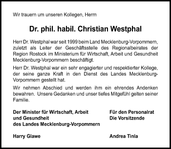 Traueranzeige von Christian Westphal von Ostsee-Zeitung GmbH