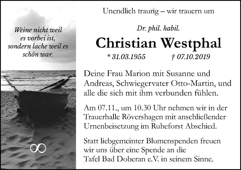  Traueranzeige für Christian Westphal vom 19.10.2019 aus Ostsee-Zeitung GmbH