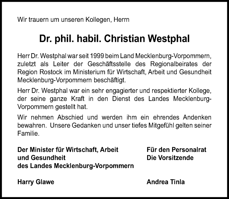  Traueranzeige für Christian Westphal vom 19.10.2019 aus Ostsee-Zeitung GmbH