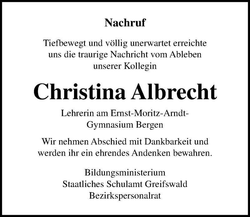  Traueranzeige für Christina Albrecht vom 19.10.2019 aus Ostsee-Zeitung GmbH