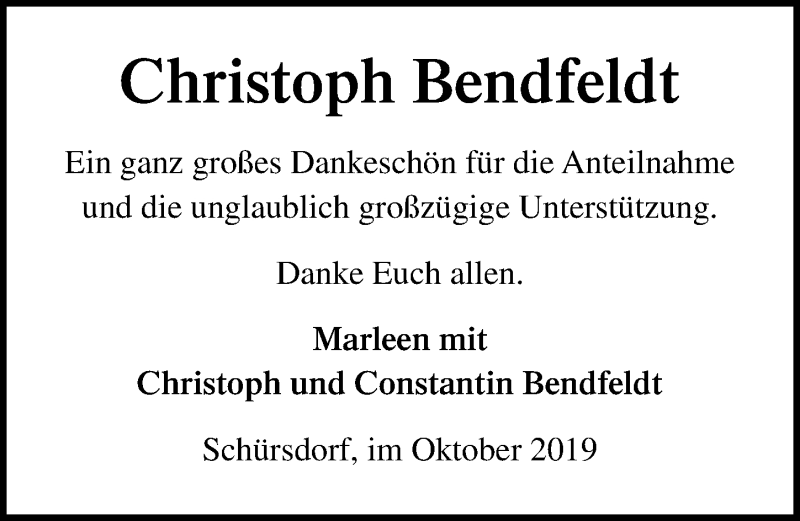  Traueranzeige für Christoph Bendfeldt vom 27.10.2019 aus Lübecker Nachrichten