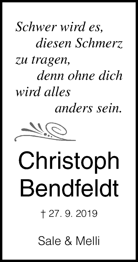  Traueranzeige für Christoph Bendfeldt vom 02.10.2019 aus Lübecker Nachrichten