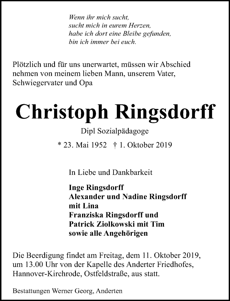  Traueranzeige für Christoph Ringsdorff vom 05.10.2019 aus Hannoversche Allgemeine Zeitung/Neue Presse