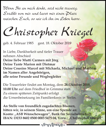 Traueranzeige von Christopher Kriegel von Leipziger Volkszeitung