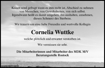Traueranzeige von Cornelia Wuttke von Ostsee-Zeitung GmbH