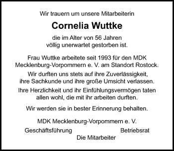 Traueranzeige von Cornelia Wuttke von Ostsee-Zeitung GmbH