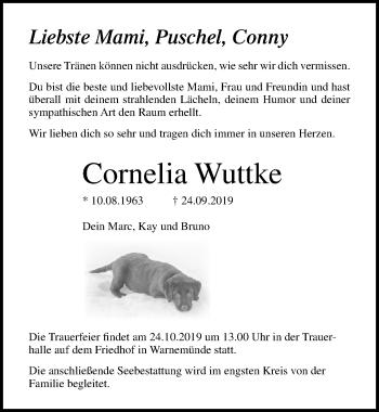 Traueranzeige von Cornelia Wuttke von Ostsee-Zeitung GmbH