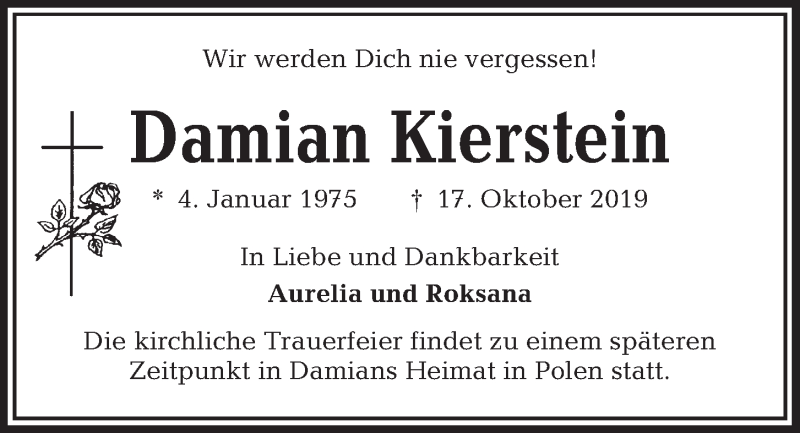  Traueranzeige für Damian Kierstein vom 26.10.2019 aus Kieler Nachrichten