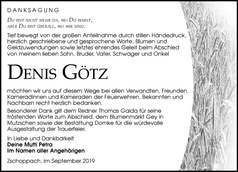 Traueranzeige für Denis Götz vom 12.10.2019 aus Leipziger Volkszeitung