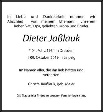 Traueranzeige von Dieter Jaßlauk von Leipziger Volkszeitung