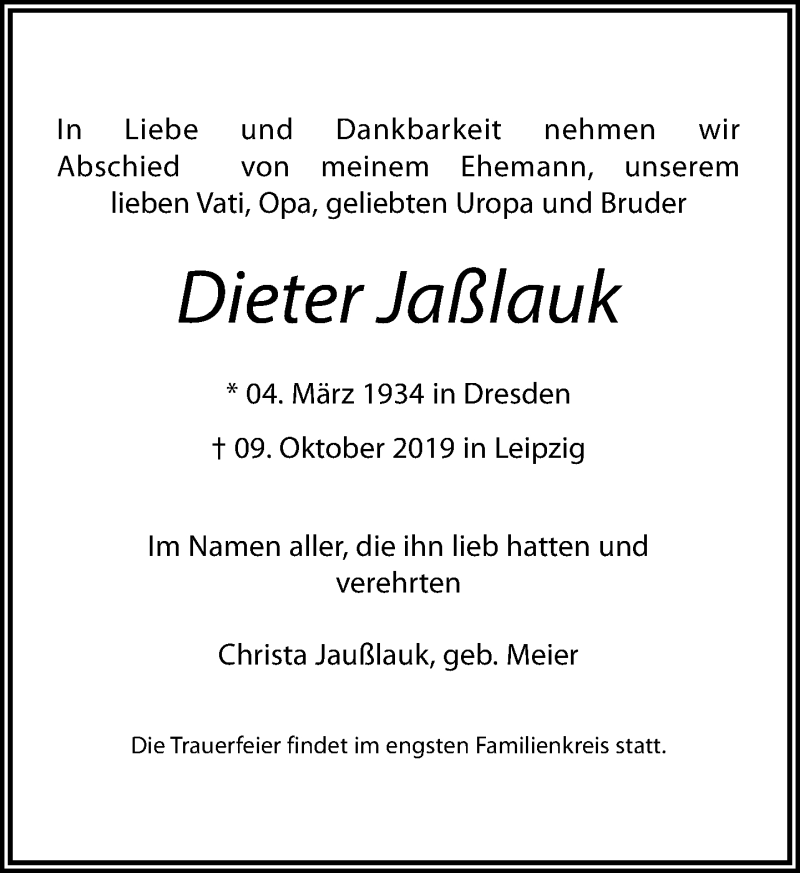  Traueranzeige für Dieter Jaßlauk vom 15.10.2019 aus Leipziger Volkszeitung